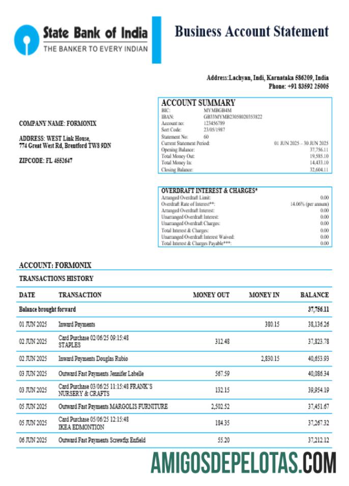 India State Bank Of India Business Bank Company Declaração em formato Word e PDF exemplo real